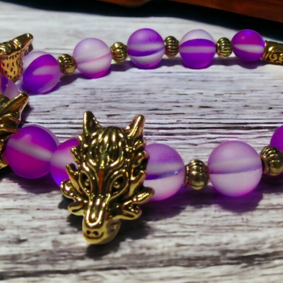 NEW Cerberus Triple Wolf Bracelet With Purple Beads. Handmade Greek myth jewelry - Picture 5 of 6